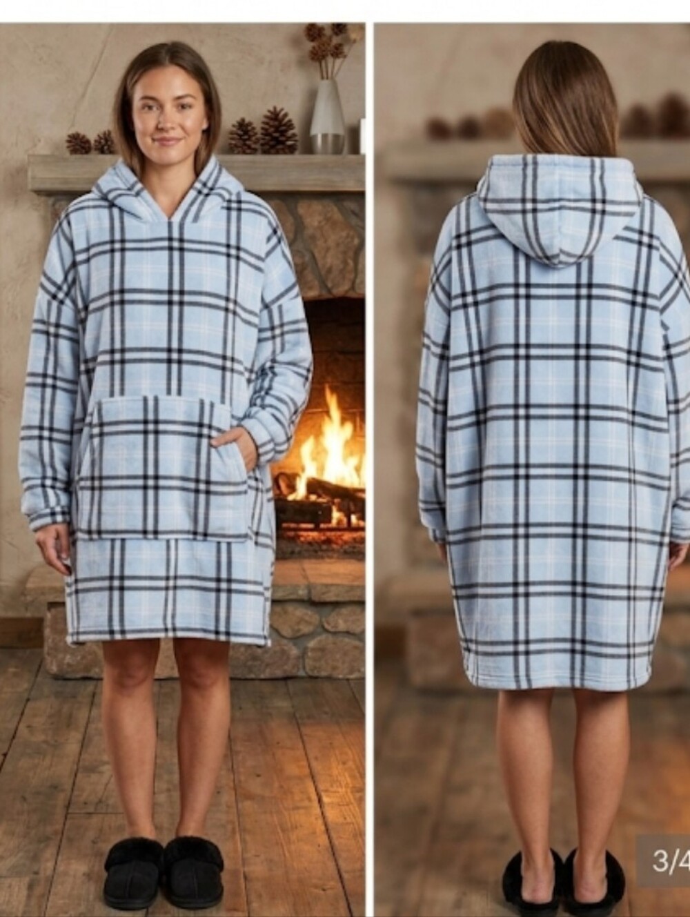 Long Plaid Hoodie Baby Blue One Size TRUE